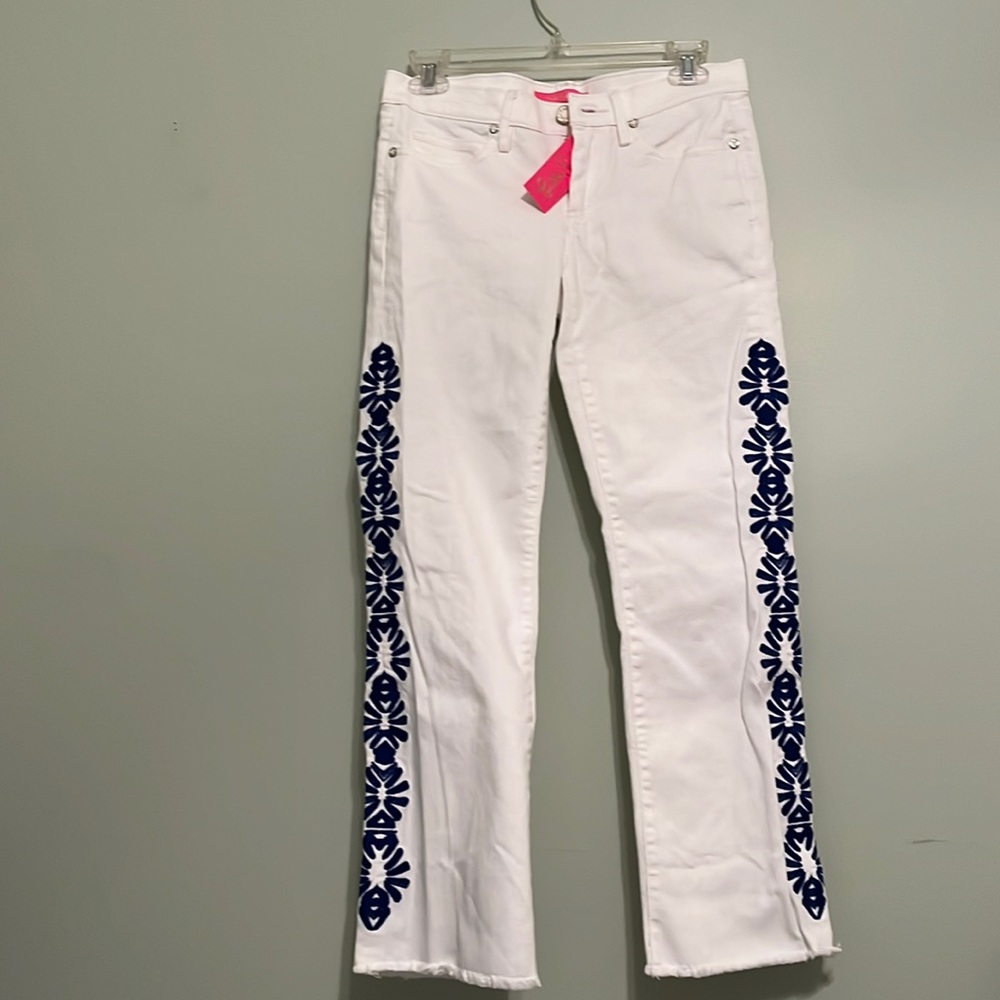 Lilly Pulitzer white denim Jean with blue embroidery
